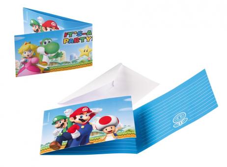 8 Einladungskarten & Umschläge Super Mario - blau 