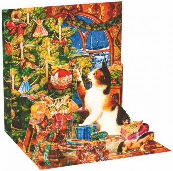 Pop Up 3D Karte Weihnachten Katze am Tannenbaum 