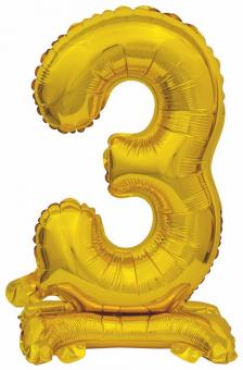 Folienballon Mini Zahl "3" gold S mit Standfuß 38x15cm 