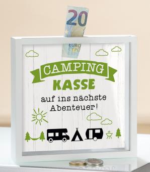 Spardose, quadratisch, "Camping-Kasse", Spruch, 17 x 17,2 