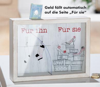 Spardose, rechteckig, "Für ihn&Für sie", Schriftzug, MDF, weiß, 